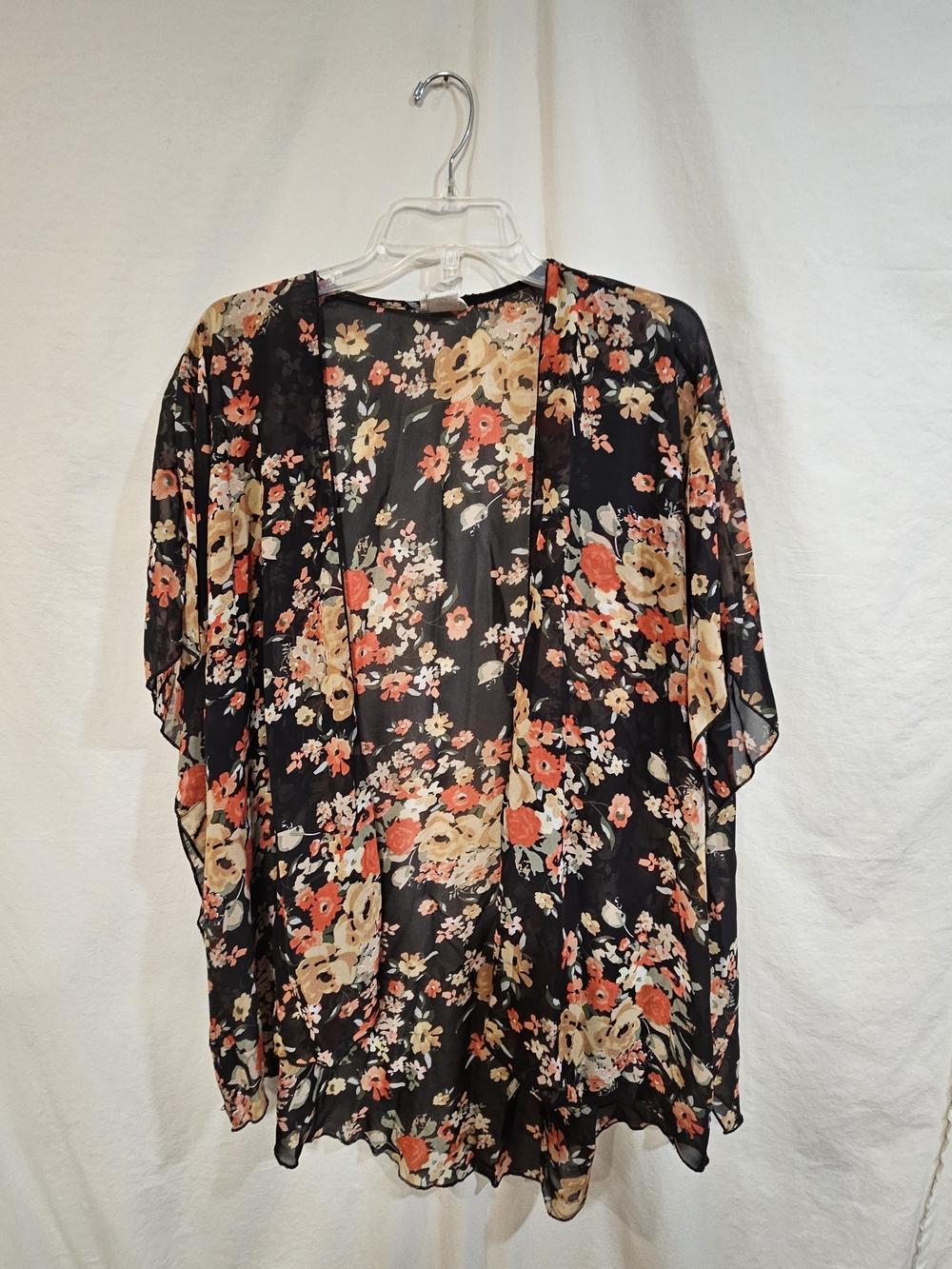 emory park Black Sheer Floral Kimono with Coral & Cream Blooms
